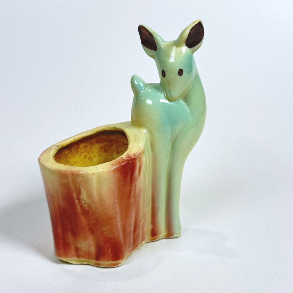 Vintage Shawnee Pottery 535 Deer Fawn Tree Stump Ceramic Planter 6"